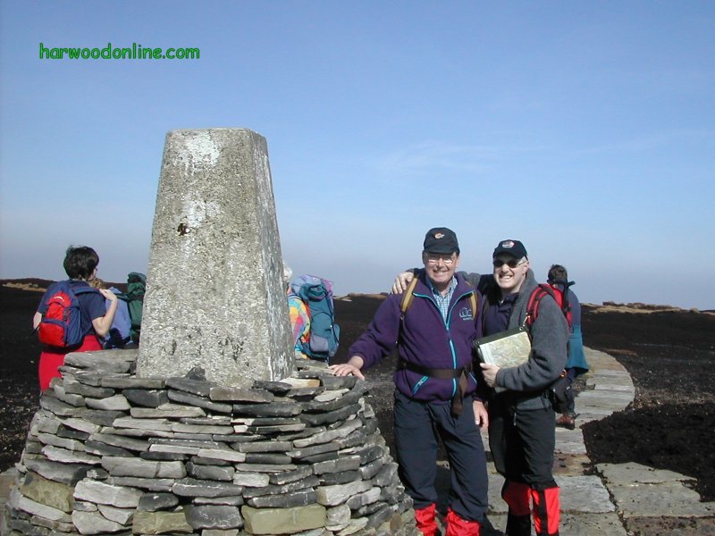 16 March 2003 - Walk 537 - Peak District North/South Traverse - Derek & Ken at Black Hill Trig Point (Click Here to Return to Midland Hillwalkers Photos - mh585)