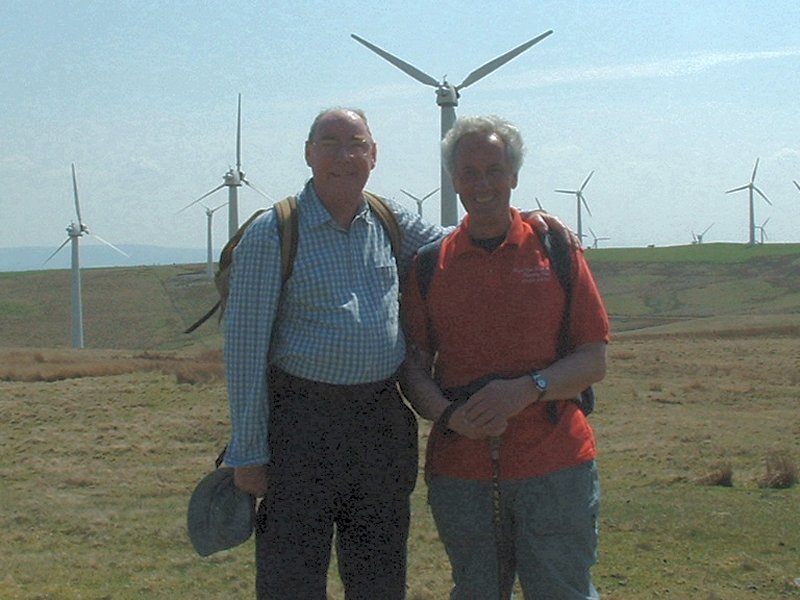 25th April 2004 - Walk 578 - Glyndwr's Highway - Derek & John at Wind Farm (Click Here to Return to Midland Hillwalkers Photos - mh585)